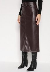 Bordowa Spódnica Ołówkowa z Imitacji Skóry z Paskiem z Dużą Klamrą Rewedia. Czerwone spódnice damskie Born2be, s, bez wzorów, ze skóry, biznesowe, midi, koszulowe. Za 134.99 zł.