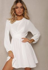 Biała Sukienka Rozkloszowana z Gumką w Pasie Thelo. Białe sukienki damskie Renee, m, bez wzorów, z tkaniny, eleganckie, bez kołnierzyka, bez ramiączek, mini, kopertowe. Za 69.99 zł.