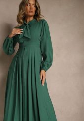 Zielona Sukienka Plisowana z Wiskozy Ozdobiona Wiązaniem Farrive. Zielone sukienki damskie Renee, na co dzień, l, bez wzorów, z wiskozy, eleganckie, bez kołnierzyka, bez ramiączek, maxi. Za 169.99 zł.