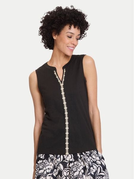 Olsen Bluzka 11105092 Czarny Regular Fit. Czarne bluzki damskie Olsen, bez wzorów, z bawełny, bez kołnierzyka, bez ramiączek. Za 129.99 zł.