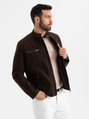 Męska kurtka biker w stylu retro ze stójką – brązowa V1 OM-JAFL-0197 - XXL. Brązowe kurtki męskie Ombre Clothing, l, bez wzorów, z materiału, retro, bez kaptura. W wyprzedaży za 269.99 zł.