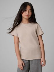 4F T-shirt regular gładki dziewczęcy - beżowy 158 (12-13 lat). Brązowe t-shirty i topy dla dziewczynek 4f, bez wzorów, z bawełny, bez ramiączek. W wyprzedaży za 19.99 zł.