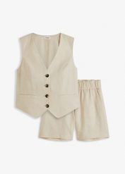 Kamizelka i szorty z mieszanki lnu. Brązowe szorty damskie bonprix, bez wzorów, eleganckie. Za 189.99 zł.