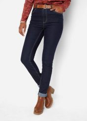 Jegginsy high-waist ze stretchem i szerokim wygodnym paskiem. Niebieskie legginsy damskie bonprix, bez wzorów, z jeansu. Za 97.99 zł.