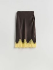 Spódnica z kontrastową wstawką - ciemnobrązowy. Brązowe spódnice damskie Reserved, l, bez wzorów, z tkaniny, proste. Za 129.99 zł.