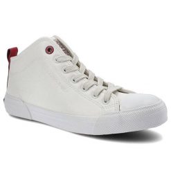 Trampki damskie Cross Jeans, wysokiej jakości materiał syntetyczny z gładką podwyższoną cholewką klasycznym sznurowaniem oraz stabilną grubszą podesz. Białe półbuty damskie Cross Jeans, bez wzorów, z gumy, eleganckie, bez obcasa, bez zapięcia. Za 99.99 zł.