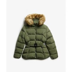 Damska kurtka puchowa Superdry Fuji Belted. Zielone kurtki damskie Superdry., bez wzorów, z puchu, bez kaptura. W wyprzedaży za 618.50 zł.