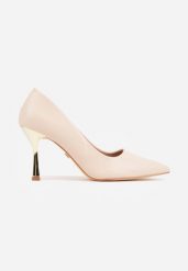 Beżowe Szpilki VICES ze Skórzaną Wkładką i Metalicznym Obcasem Nesslisa. Brązowe szpilki damskie Renee, bez wzorów, z satyny, bez obcasa, bez zapięcia. Za 99.99 zł.