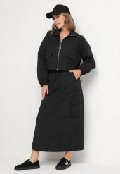 Czarny Komplet z Bawełną Rozpinana Bluza i Spódnica Evariel. Czarne bluzy damskie Born2be, na wiosnę, l, z aplikacjami, z bawełny. Za 279.99 zł.