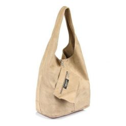 Shopperka beżowa skórzana N88. Brązowe torebki do ręki damskie bez wzorów, z materiału, zamszowe, bez dodatków. Za 153.99 zł.