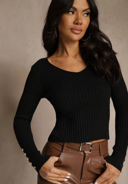 Czarny Prążkowany Sweter z Wiskozą Ozdobiony Guzikami i Metaliczną Nitką Lidanovia. Czarne swetry damskie Renee, s, bez wzorów, z jeansu, casualowe, bez kołnierzyka, bez ramiączek, bez kaptura. Za 79.99 zł.