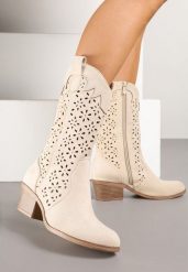 Beżowe Botki Kowbojki na Słupku z Ażurową Cholewką Ravsemi. Brązowe botki damskie Renee, z jeansu, bez obcasa, na obcasie, bez zapięcia. Za 129.99 zł.