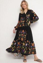 Czarna Wiskozowa Sukienka o Rozkloszowanym Kroju w Kwiaty Cleolia. Czarne sukienki damskie Born2be, na co dzień, l, bez wzorów, z wiskozy, eleganckie, bez kołnierzyka, bez ramiączek, maxi, rozkloszowane. Za 89.99 zł.