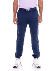 Męskie jeansowe spodnie w kolorze indygo. Niebieskie spodnie sportowe męskie LEONE 1947 APPAREL, l, z aplikacjami, z bawełny, na fitness i siłownię. Za 105.21 zł.
