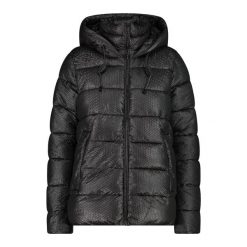 Kurtka puchowa z kapturem z efektem 3D dla kobiet CMP. Czarne kurtki damskie CMP, bez wzorów, z puchu, z kapturem. W wyprzedaży za 754.50 zł.