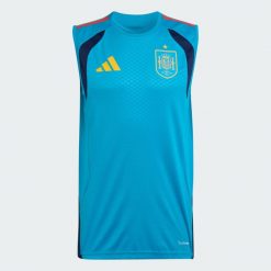 Koszulka bez rękawów Hiszpania 26 Tiro. Niebieskie koszulki sportowe męskie Adidas, l, bez wzorów, z materiału, bez kołnierzyka, bez ramiączek, na fitness i siłownię, climacool (adidas). Za 260.63 zł.