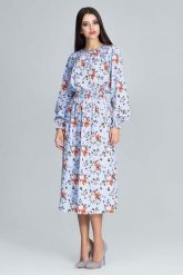 Stylowa Sukienka w Barwny Deseń z Bufiastym Rękawem - Wzór 76. Niebieskie sukienki damskie Figl, na lato, m, bez wzorów, z elastanu, eleganckie, bez kołnierzyka, bez ramiączek. Za 299.00 zł.