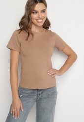 Brązowy Klasyczny T-shirt z Bawełny Lorali. Brązowe bluzki damskie Born2be, m, bez wzorów, z bawełny, klasyczne, bez kołnierzyka. Za 29.99 zł.