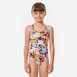 Strój jednoczęściowy pływacki dla dzieci Decathlon Vega Lys. Niebieskie stroje kąpielowe dla dziewczynek Decathlon, bez wzorów, z elastanu. Za 39.99 zł.