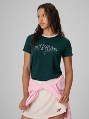 4F T-shirt regular z nadrukiem damski - zielony S. Zielone koszulki sportowe damskie 4f, m, bez wzorów, z bawełny, bez kołnierzyka, bez ramiączek, tenisowe. Za 59.99 zł.