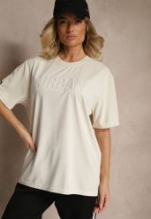 Jasnobeżowa Bawełniana Koszulka T-shirt z Tłoczonym Napisem Lunorina. Brązowe bluzki damskie Renee, l, z aplikacjami, z bawełny, eleganckie, bez kołnierzyka. Za 44.99 zł.