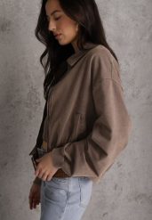 Beżowa Bluza Bomberka z Bawełny Oversize Ozdobiona Kołnierzem Vimelles. Brązowe bluzy damskie Renee, m, bez wzorów, z bawełny, bez kaptura. Za 139.99 zł.