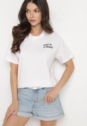 Biało-Różowy Bawełniany T-shirt z Napisami Hallena. Białe bluzki damskie Born2be, l, bez wzorów, z bawełny, biznesowe, bez kołnierzyka. Za 49.99 zł.