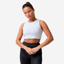 Koszulka fitness damska Domyos bez rękawów crop top. Niebieskie koszulki sportowe damskie DOMYOS, l, bez wzorów, z elastanu, bez kołnierzyka, bez ramiączek, na fitness i siłownię. Za 29.99 zł.