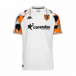 Trzeci strój Hull City Kombat 2024/25. Białe koszulki sportowe męskie Kappa, bez wzorów, bez kołnierzyka, bez ramiączek, do piłki nożnej. W wyprzedaży za 337.70 zł.