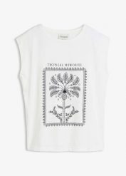 Koszulka z domieszką jedwabiu. Białe t-shirty damskie bonprix, bez wzorów, bez kołnierzyka. Za 79.99 zł.
