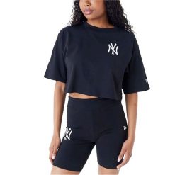 Nowa Koszulka Mlb Le Crop Tee Neyyan Blkwhi Damskie. Czarne t-shirty damskie New Era, s, bez wzorów, z bawełny, casualowe, bez kołnierzyka. Za 217.00 zł.