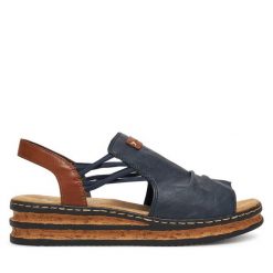Sandały Rieker. Niebieskie sandały damskie Rieker, bez wzorów, bez obcasa, na płaskiej podeszwie, bez zapięcia. Za 239.99 zł.