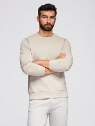 Męska bluza dresowa BASIC z okrągłym dekoltem - jasnobeżowa V1 - Rozmiar: M. Brązowe bluzy męskie Ombre Clothing, m, bez wzorów, z bawełny, bez kaptura. Za 145.99 zł.