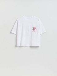 T-shirt z haftem - biały. Białe t-shirty damskie Reserved, l, bez wzorów, z bawełny, bez kołnierzyka. Za 39.99 zł.