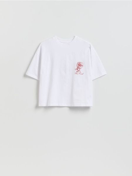 T-shirt z haftem - biały. Białe t-shirty damskie Reserved, l, bez wzorów, z bawełny, bez kołnierzyka. W wyprzedaży za 25.99 zł.