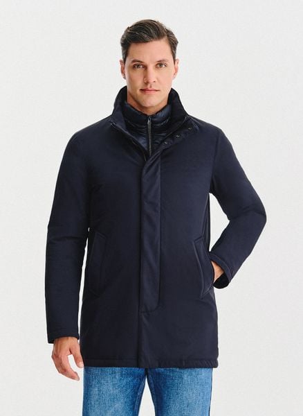 PAKO LORENTE – Granatowa kurtka z odpinanym kołnierzem. Kurtki męskie Pako Lorente, na jesień, bez wzorów, długie, bez kaptura. Za 349.99 zł.