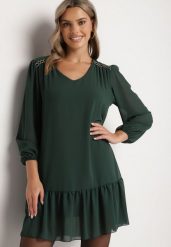 Ciemnozielona Sukienka z Wiskozą o Prostym Kroju z Bufiastymi Rękawami i Falbanką u Dołu Ilila. Zielone sukienki damskie Born2be, na co dzień, l, bez wzorów, z jeansu, eleganckie, bez kołnierzyka, bez ramiączek, proste. Za 44.99 zł.