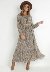 Jasnozielona Sukienka z Falbanką przy Dekolcie w Ornamentalny Wzór isha. Zielone sukienki damskie Born2be, na co dzień, l, bez wzorów, eleganckie, bez kołnierzyka, bez ramiączek, maxi, rozkloszowane. Za 129.99 zł.