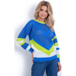 Niebieski Ażurowy Luźny Sweter w Ukośne Paski. Niebieskie kardigany damskie Molly.pl, uniwersalny, w ażurowe wzory, z jeansu, długie. Za 159.90 zł.