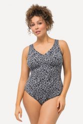 Damski Strój kąpielowy liście miękkie miseczki głębokie wycięcie na plecach. Czarne kostiumy jednoczęściowe damskie Ulla Popken, plus size, bez wzorów, z elastanu, plus size, do pływania. Za 191.99 zł.