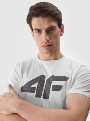 4F T-shirt regular z nadrukiem męski - biały S. Białe koszulki sportowe męskie 4f, m, bez wzorów, z bawełny, bez kołnierzyka, bez ramiączek. W wyprzedaży za 39.99 zł.