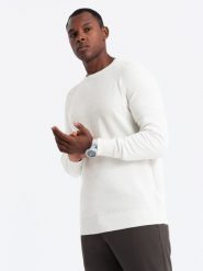 Sweter męski raglan z prążkowanymi rękawami – biały V1 OM-SWSW-0144 - XXL. Białe swetry przez głowę męskie Ombre Clothing, l, z aplikacjami, z bawełny, bez kołnierzyka. W wyprzedaży za 79.99 zł.