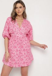 Różowa Rozkloszowana Sukienka z Rękawami Nietoperz z Tłoczeniem Darinel. Czerwone sukienki damskie Born2be, na co dzień, l, bez wzorów, z jeansu, klasyczne, bez kołnierzyka, bez ramiączek, mini, rozkloszowane. Za 139.99 zł.
