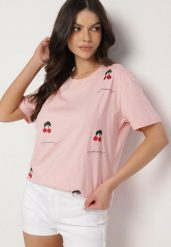 Różowy Bawełniany T-shirt Zdobiony Haftem z Motywem w Wiśnie Nevianira. Czerwone bluzki damskie Born2be, m, z aplikacjami, z bawełny, bez kołnierzyka. Za 34.99 zł.