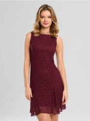 Sukienka mini z ażurowym wzorem - brązowy. Brązowe sukienki damskie Sinsay, l, w ażurowe wzory, bez kołnierzyka, bez ramiączek, mini. Za 49.99 zł.