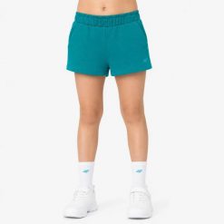 SPODENKI DZIEWCZĘCE 4F DZIECIĘCE JUNIOR KRÓTKIE ZIELONE. Zielone spodenki dla dziewczynek 4f, bez wzorów, z materiału, sportowe. Za 29.00 zł.