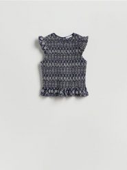 Bluzka z haftowanym wzorem - granatowy. Niebieskie bluzki damskie Reserved, l, bez wzorów, z bawełny, bez kołnierzyka, bez ramiączek. Za 99.99 zł.