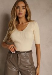 Beżowa Bluzka z Prążkowanej Dzianiny Unarese. Brązowe t-shirty i topy dla dziewczynek Renee, bez wzorów, z dzianiny, bez ramiączek. Za 49.99 zł.