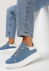 Niebieskie Sneakersy na Grubej Podeszwie z Brokatem i Cyrkoniami Jelivia. Niebieskie obuwie sportowe damskie Born2be, bez wzorów. Za 99.99 zł.