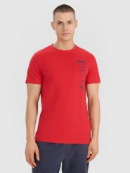 4F T-shirt regular z nadrukiem męski - czerwony S. Czerwone koszulki sportowe męskie 4f, m, bez wzorów, z bawełny, klasyczne, bez kołnierzyka. Za 49.99 zł.
